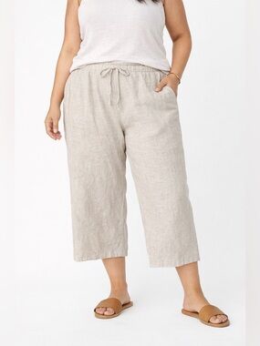 J.Crew 100% Linen Pull-On Pants 2X Beige Cropped Straight Relaxed Drawstring